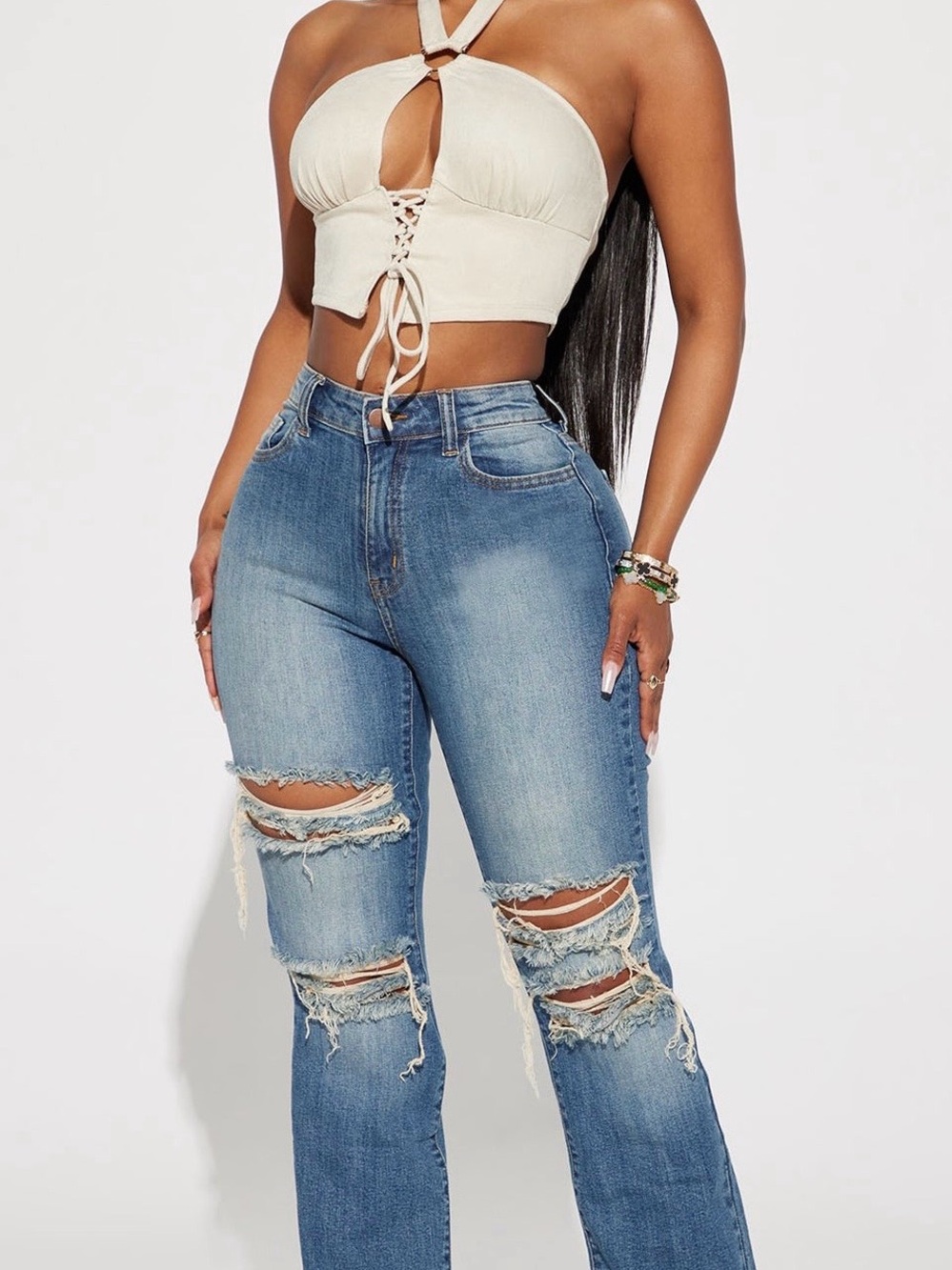 Fashion Nova High-Waist Distressed Light Blue Flare Jeans